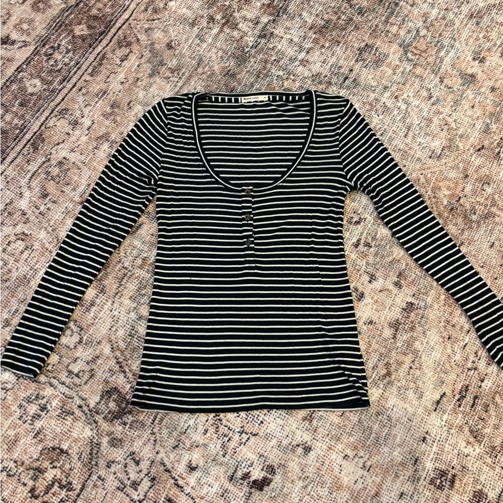 Marine Layer Black and White Striped Long Sleeve Henley